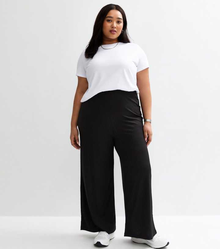 Curves Black Rib Jersey Wide Leg Trousers
