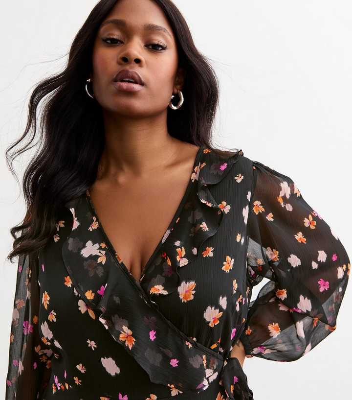Curves Black Floral Print Chiffon Wrap Midi Dress | New Look Curves Black Floral Print Chiffon Wrap Midi Dress | New Look