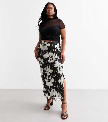 Curves Blurred Floral Stretch Mesh Midi Skirt