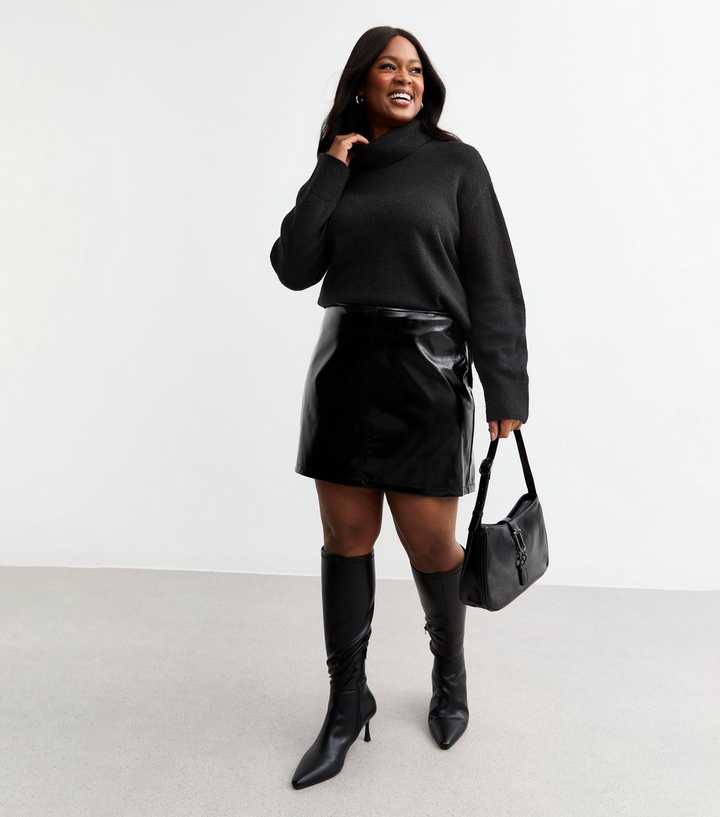 Curves Black Vinyl Faux Leather A-Line Mini Skirt