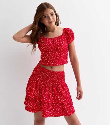 Girls Red Shirred Floral Print Tiered Skirt