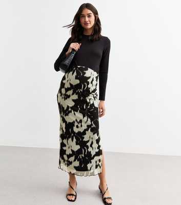 Maternity Black Blurred Floral Mesh Midi Skirt