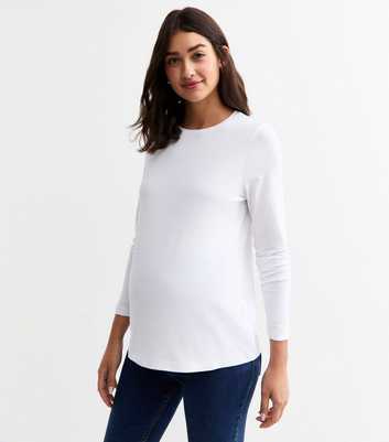 Maternity White Cotton Blend Crew Neck Long Sleeved Top