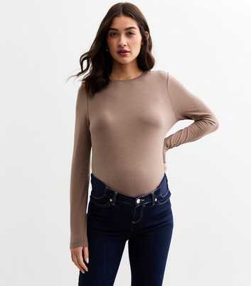 Maternity Mink Cotton Blend Crew Neck Long Sleeved Top