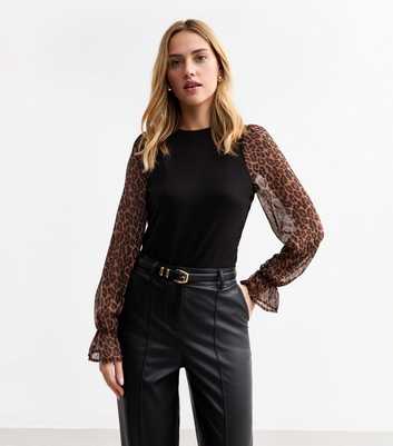 Black  Soft Touch Leopard Print Sleeve Top