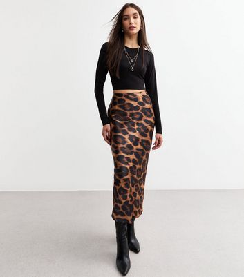 Brown Leopard Print Satin Midi Skirt New Look