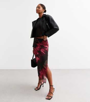 Red Abstract Print Mesh Midi Skirt