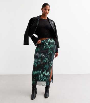 Green Abstract Print Mesh Midi Skirt