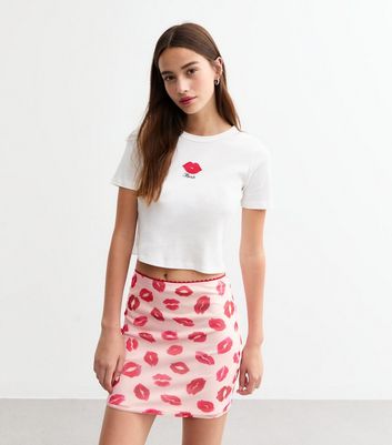 Pink Kiss Print Mesh Mini Skirt New Look