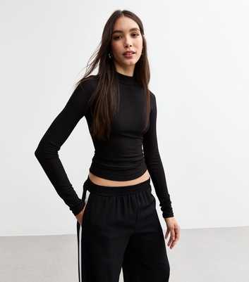 Black High Neck Fine Rib Jersey Top