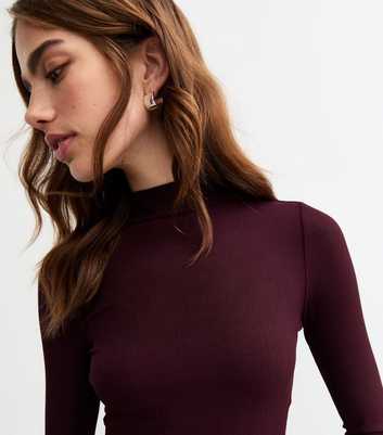 Burgundy High Neck Fine Rib Jersey Top