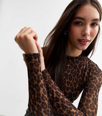 Brown Leopard Print High Neck Mesh Top