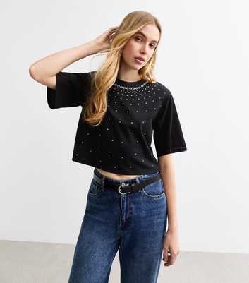 Black Diamanté Cotton Blend Boxy Crop T Shirt 