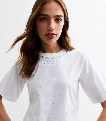 White Diamanté Cotton Blend Boxy T-Shirt 