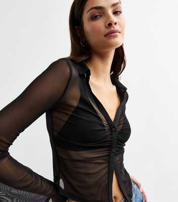 Black Sheer Button Up Mesh Shirt