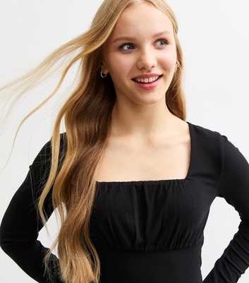 Girls Black Ruched Front Ribbed Jersey Top