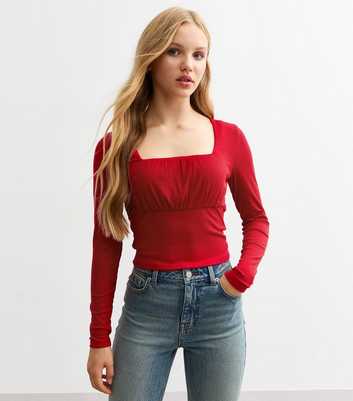 Girls Red Ruched Front Ribbed Jersey Top