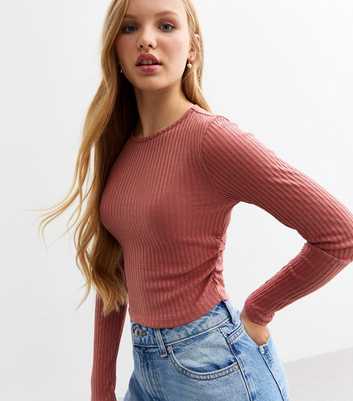 Girls Deep Pink Ribbed Pointelle Top