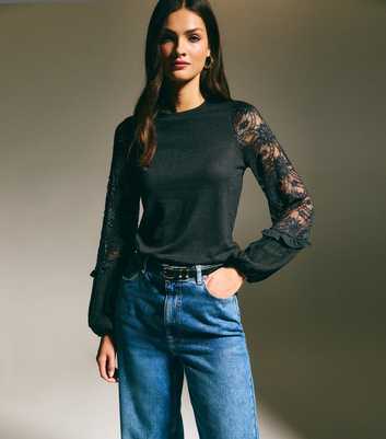 Black Lace Chiffon Sleeve Top 