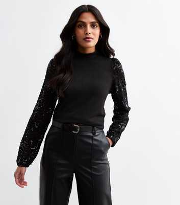 Black Sequin Embellished Lace Sleeve Top 