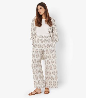 Apricot Stone Linen-Blend Leaf Print Wide Leg Trousers | New