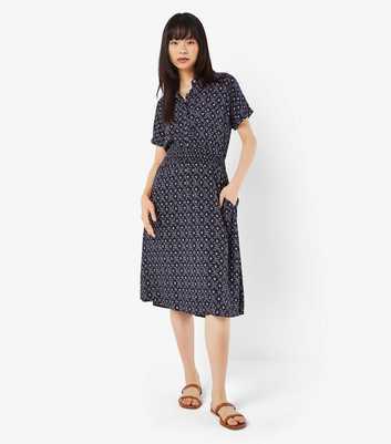 Apricot Navy Floral Print Collared Midi Dress