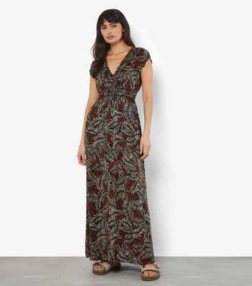 Apricot Rust Leaf Print Maxi Smock Dress