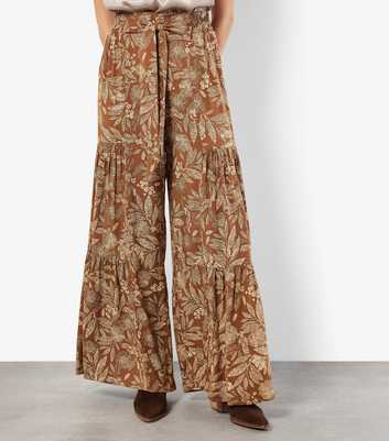 Apricot Rust Leaf Print Tiered Wide Leg Trousers