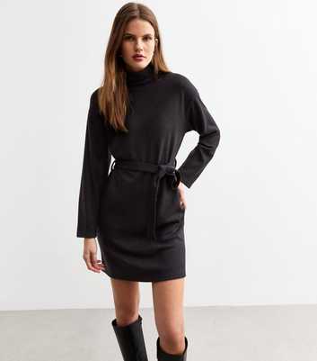 Black Fine Knit Belted Mini Dress