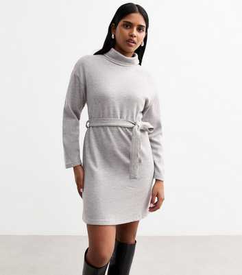 Petite Grey Belted Roll Neck Mini Jumper Dress