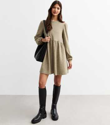 Khaki Marled Long Sleeve Fleece Smock Dress