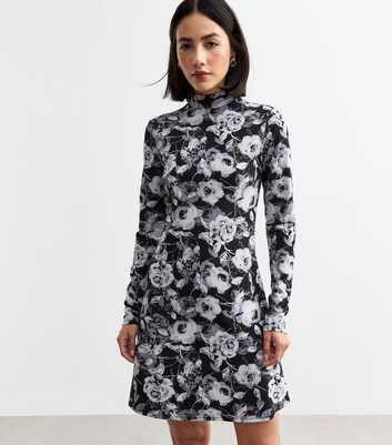 Grey Rose Print High Neck Long Sleeve Mini Dress