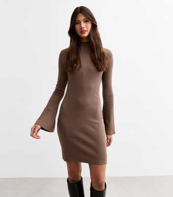 Brown Fluted Sleeve Ribbed Mini Dress