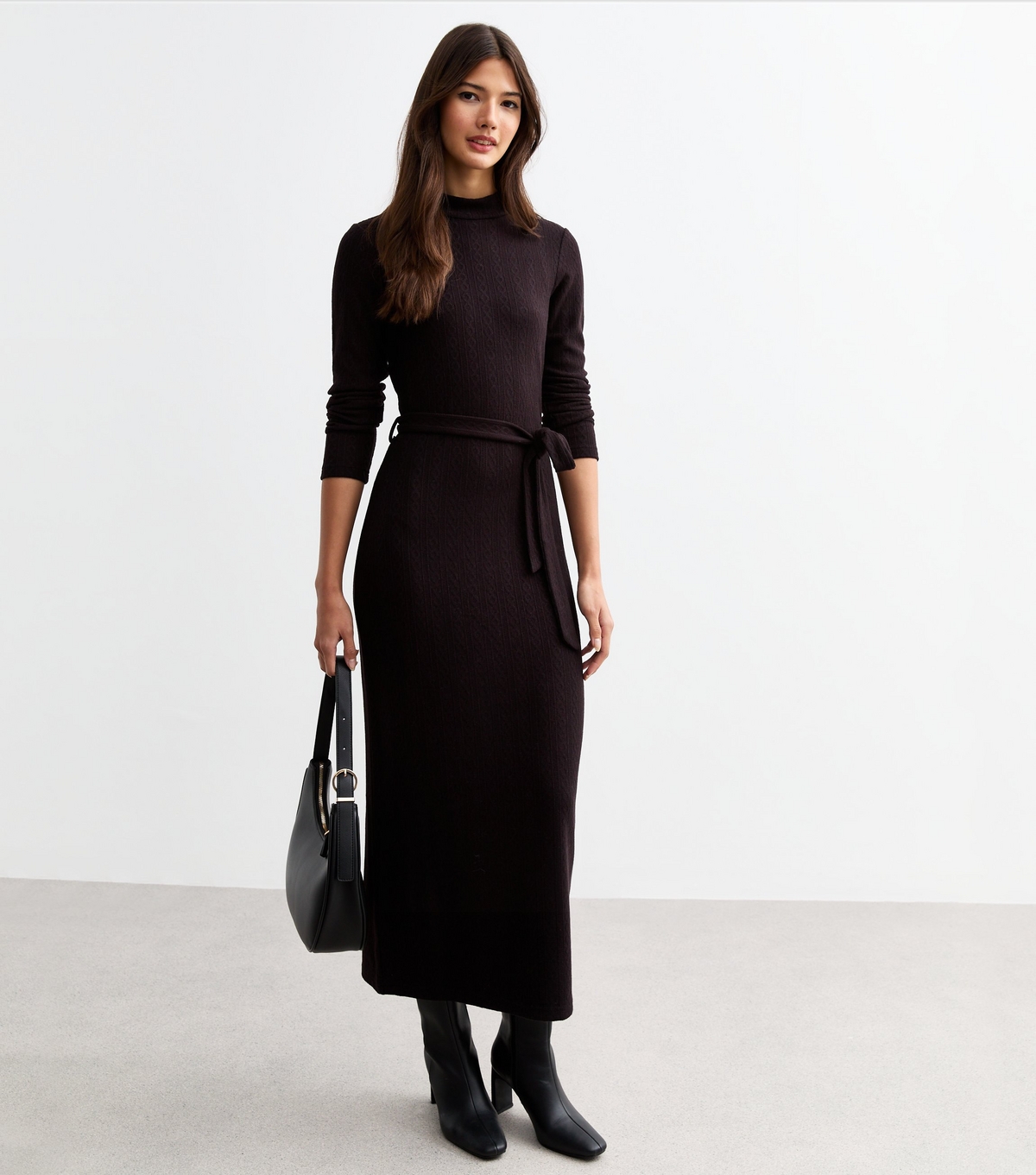 Women's Black Cable Jersey Belted Midi Dress New Look