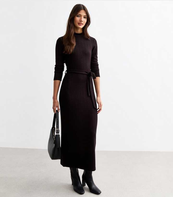 Black Cable Jersey Belted Midi Dress | New Look