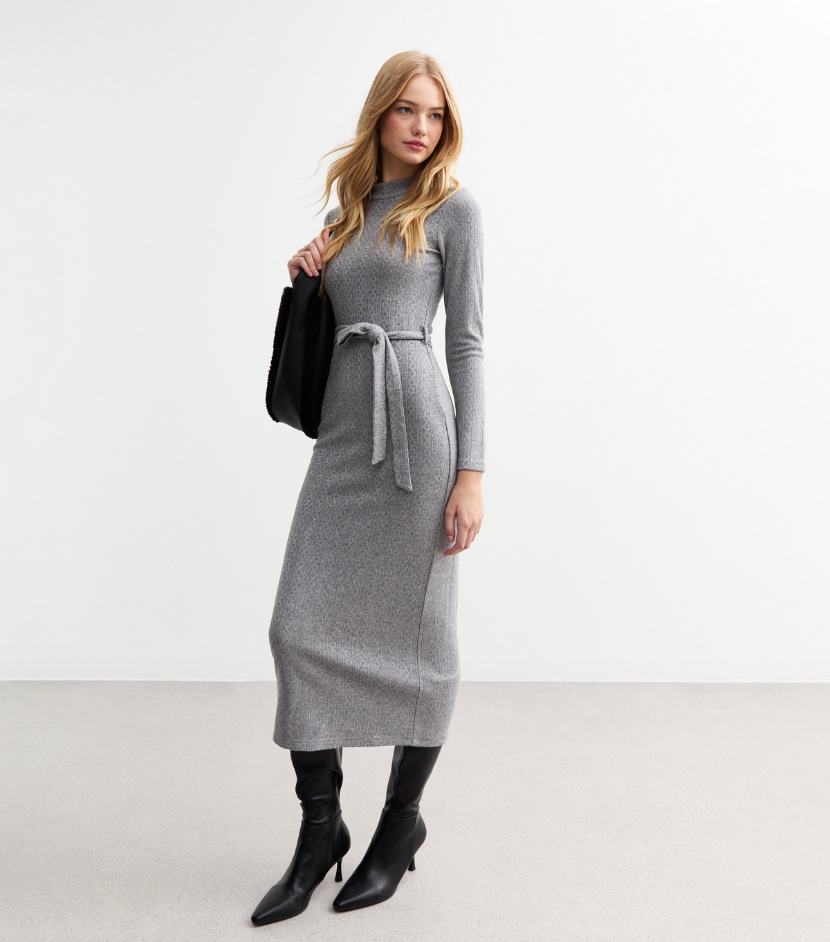 Women's Grey Cable Jersey Belted Midi Dress New Look