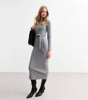 Grey Cable Jersey Belted Midi Dress