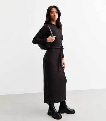 Petite Black Cable Knitted Belted Midi Dress