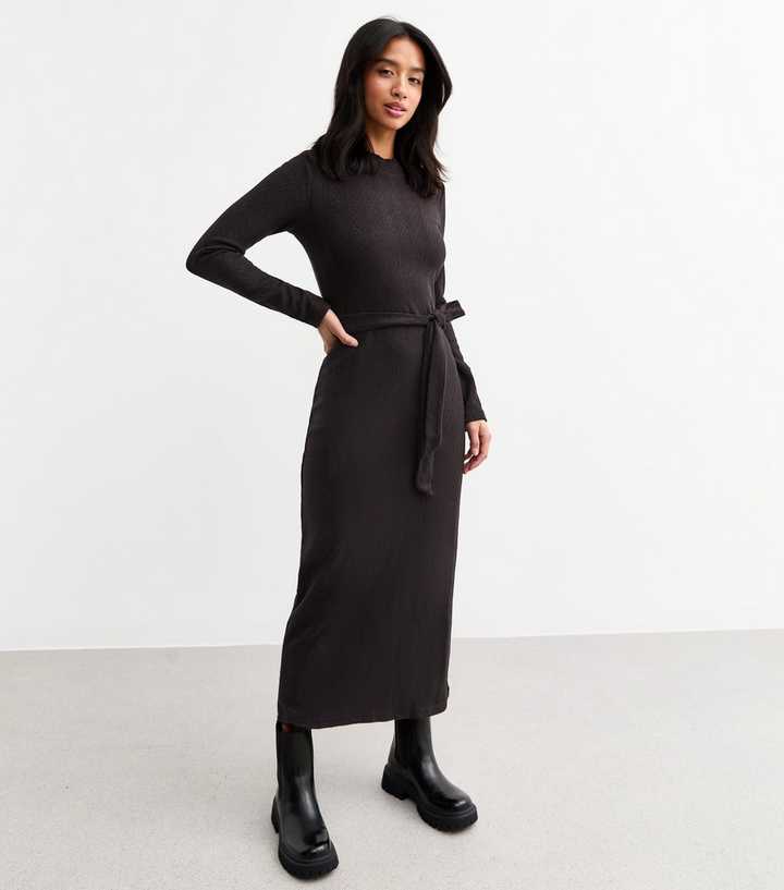 chinese dress ladies Gabriella Vertical Rib-Knit 3/4 Sleeved Midi Dress; Black