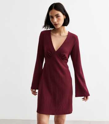 Burgundy Long Sleeve Crinkle Mini Dress