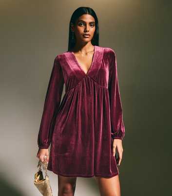 Burgundy Velvet Long Sleeve Mini Dress