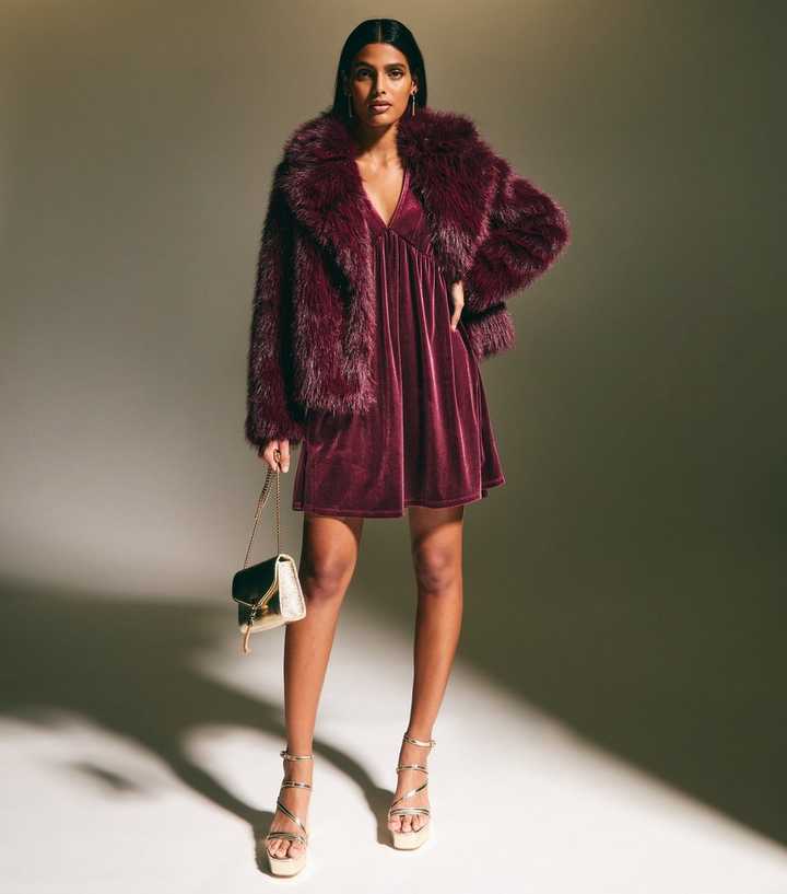 Burgundy Velvet Long Sleeve Mini Dress | New Look