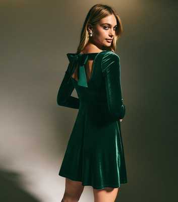 Green Satin Bow Long Sleeve Velvet Mini Dress