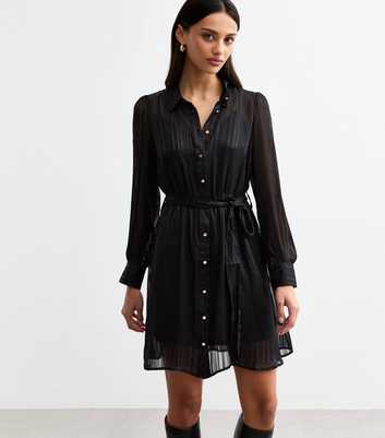 Black Striped Chiffon Mini Shirt Dress