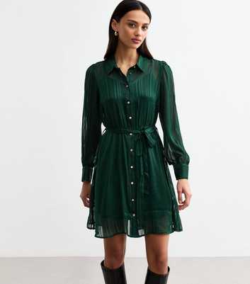 Green Striped Chiffon Mini Shirt Dress