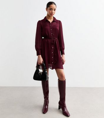 Burgundy Striped Chiffon Mini Shirt Dress New Look