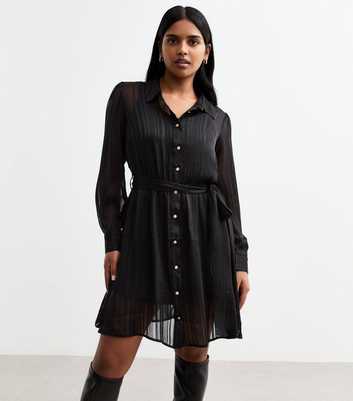 Petite Black Striped Chiffon Mini Shirt Dress