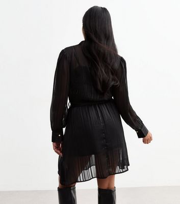 Petite Black Striped Chiffon Mini Shirt Dress New Look