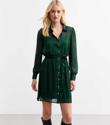 Tall Dark Green Chiffon Striped Mini Shirt Dress