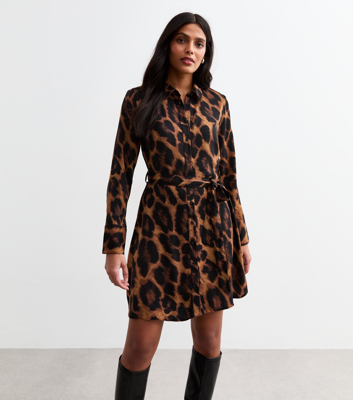 Women's Brown Leopard Print Long Sleeve Shirt Dress New Look